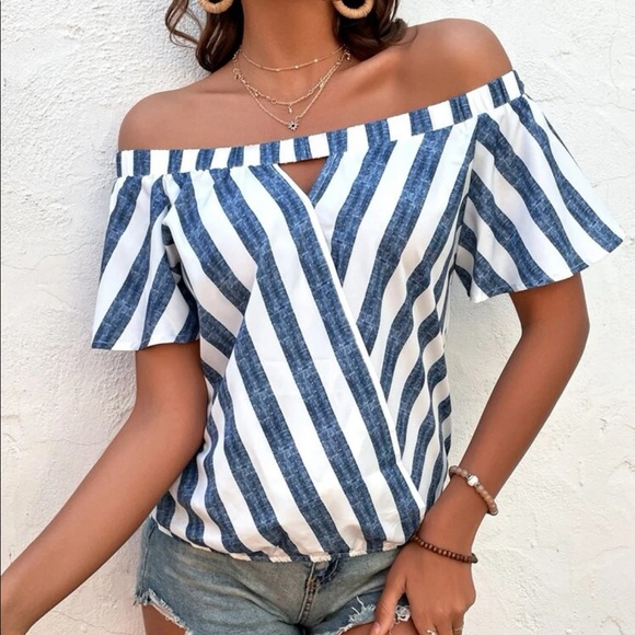 Stripe Off Shoulder Cut Out overlap Butterfly Sleeve Blouse Top Green - Picture 10 of 12